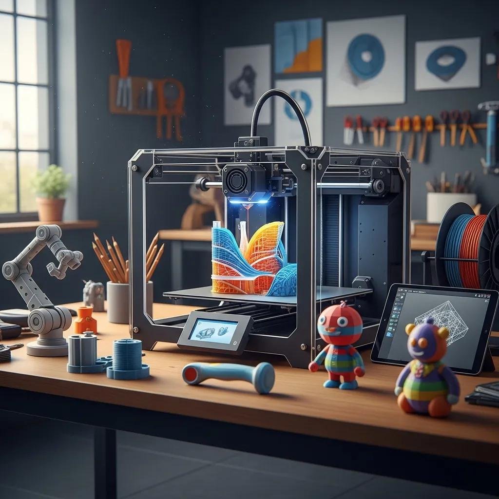 3D printer creating a complex prototype with various designs in different stages of completion