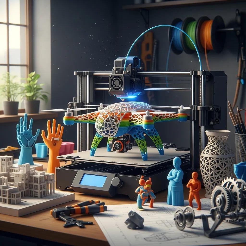 3D printer creating a complex prototype with various printed objects in the background