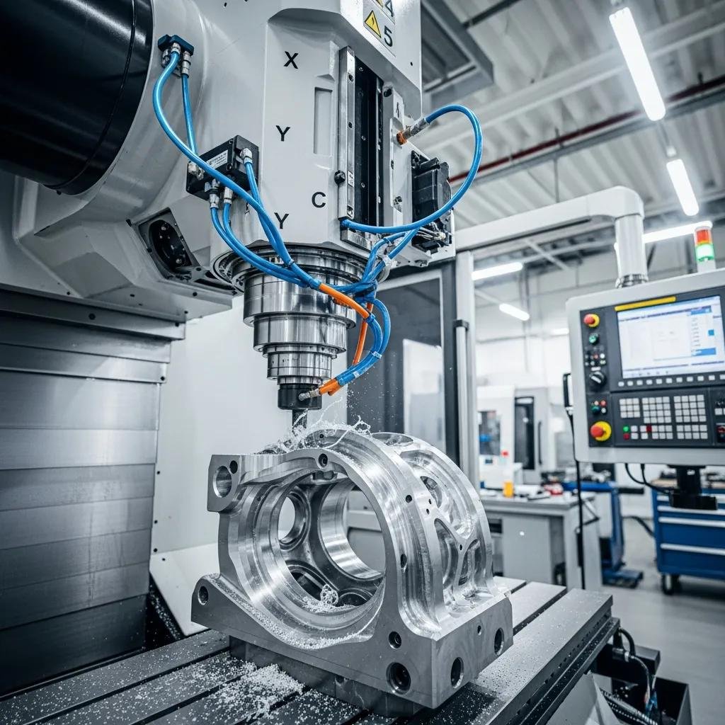 5-axis milling machine in a workshop, showcasing its ability to machine complex geometries with precision