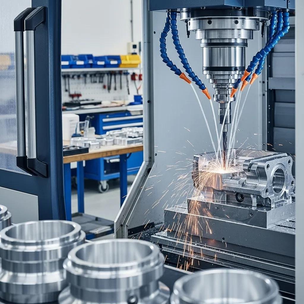 CNC machine cutting metal components in a precision machining workshop