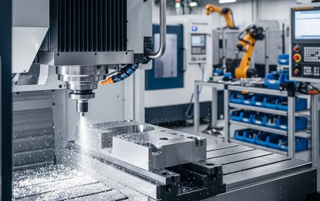 CNC machine cutting metal in a modern manufacturing facility