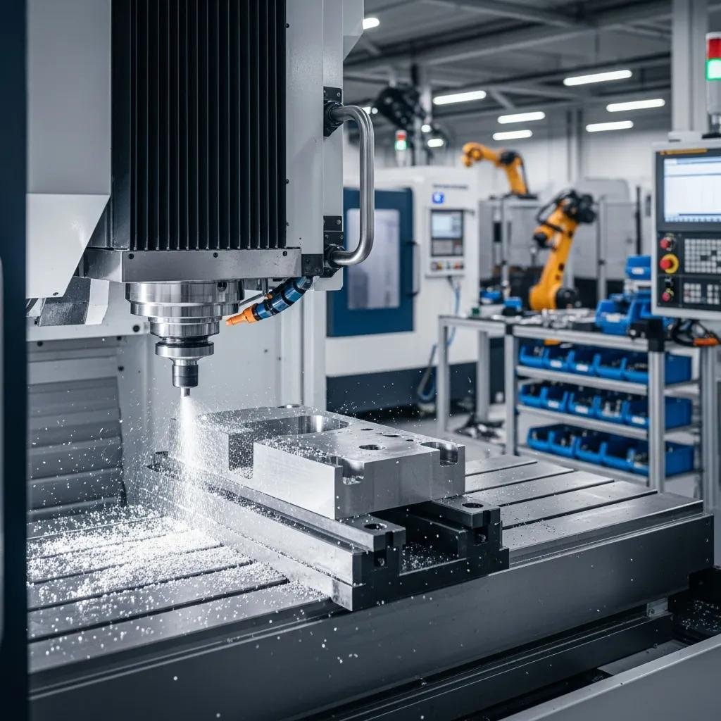 CNC machine cutting metal in a modern manufacturing facility