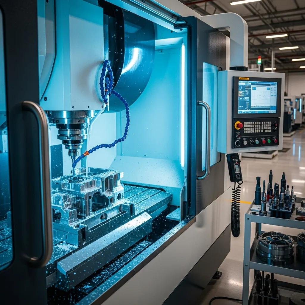 CNC machine in action producing precision parts, showcasing advanced manufacturing technology
