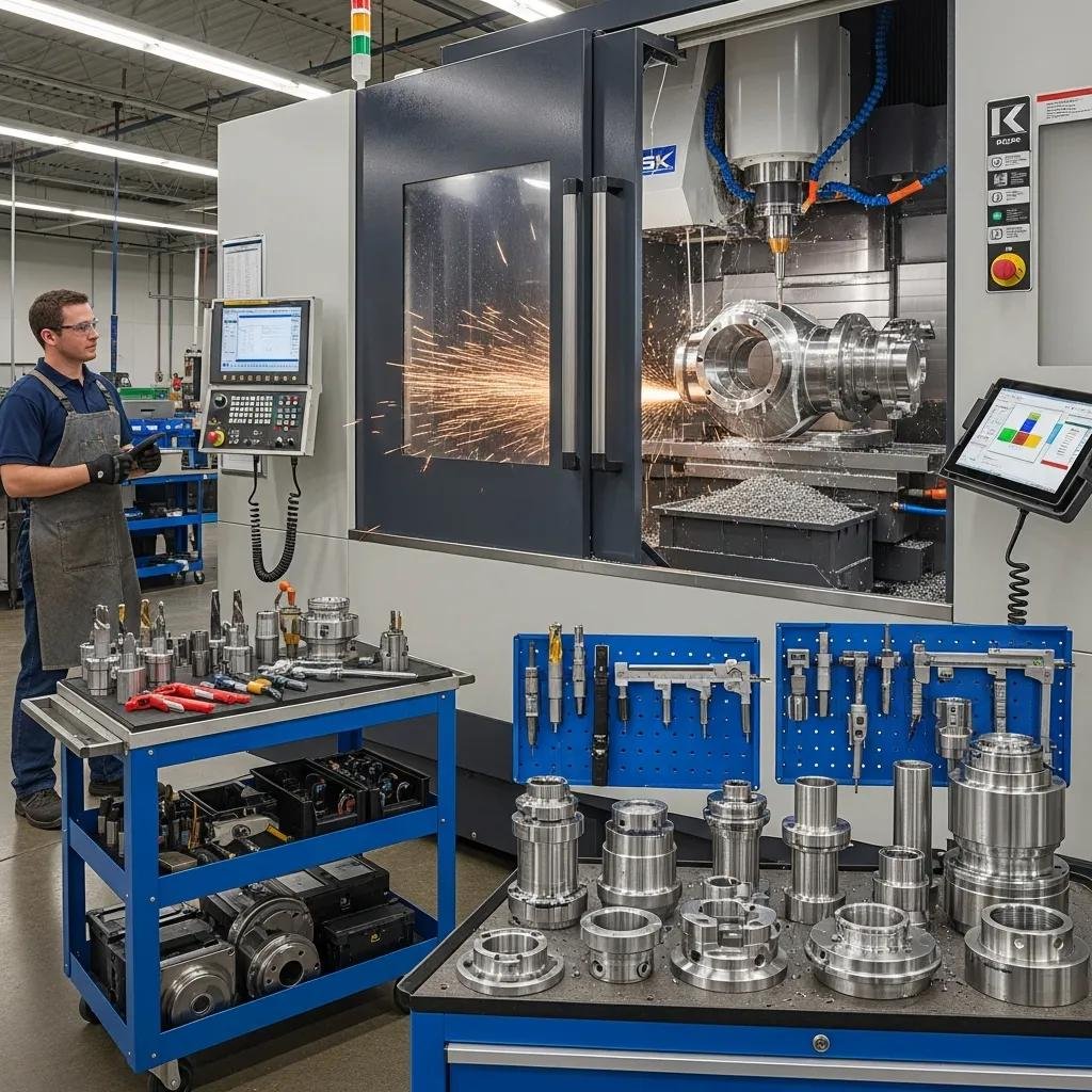 CNC machine in action shaping stainless steel components