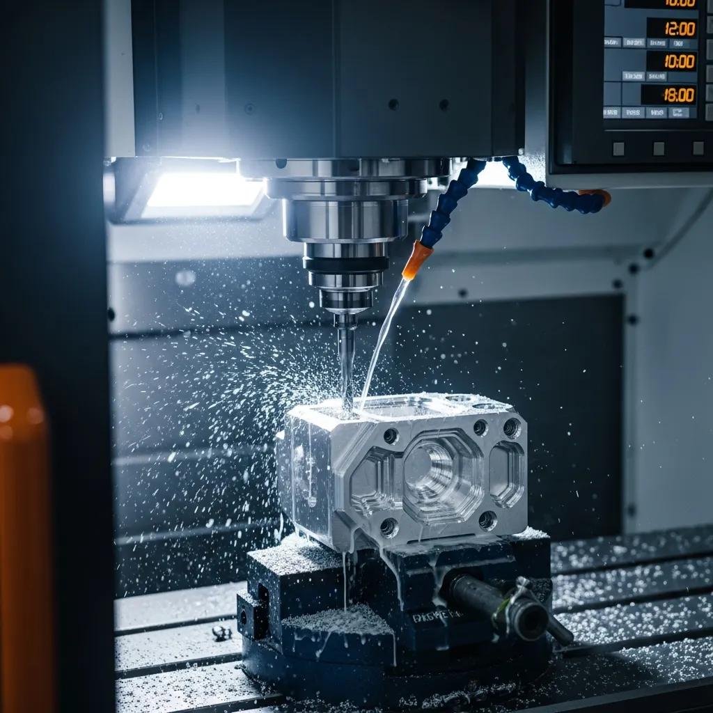 CNC machine in operation creating a custom part with precision tools and materials