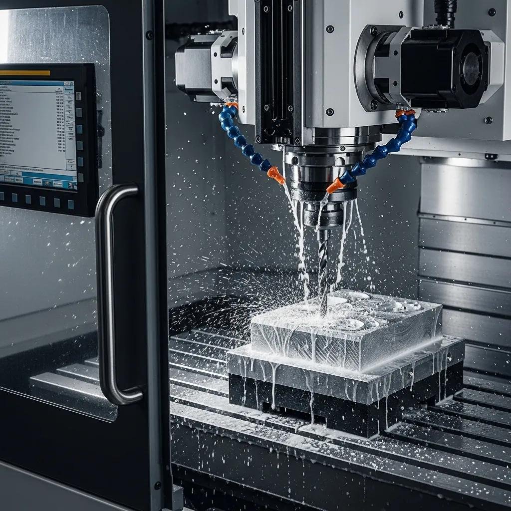 CNC milling machine actively machining metal, highlighting precision engineering and advanced technology