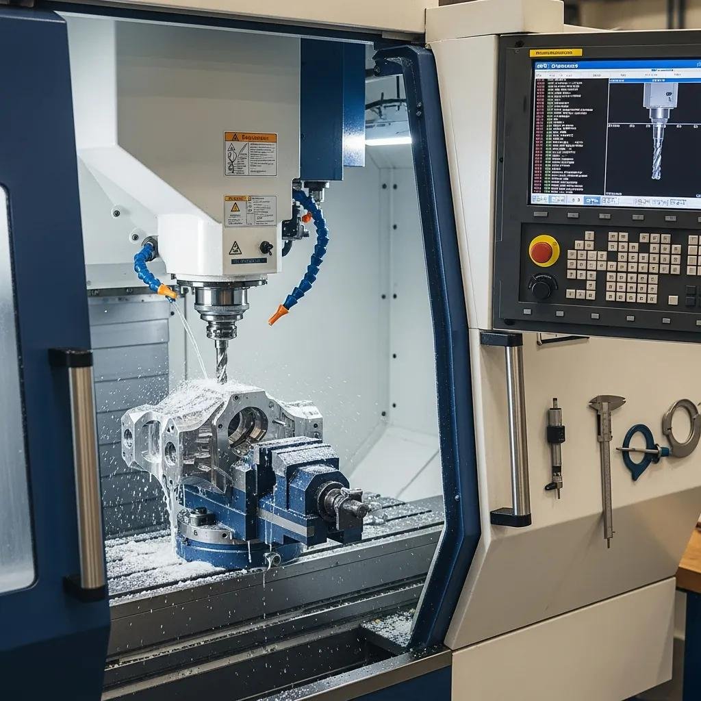 CNC milling machine with a complex metal part, showcasing automation and precision in machining