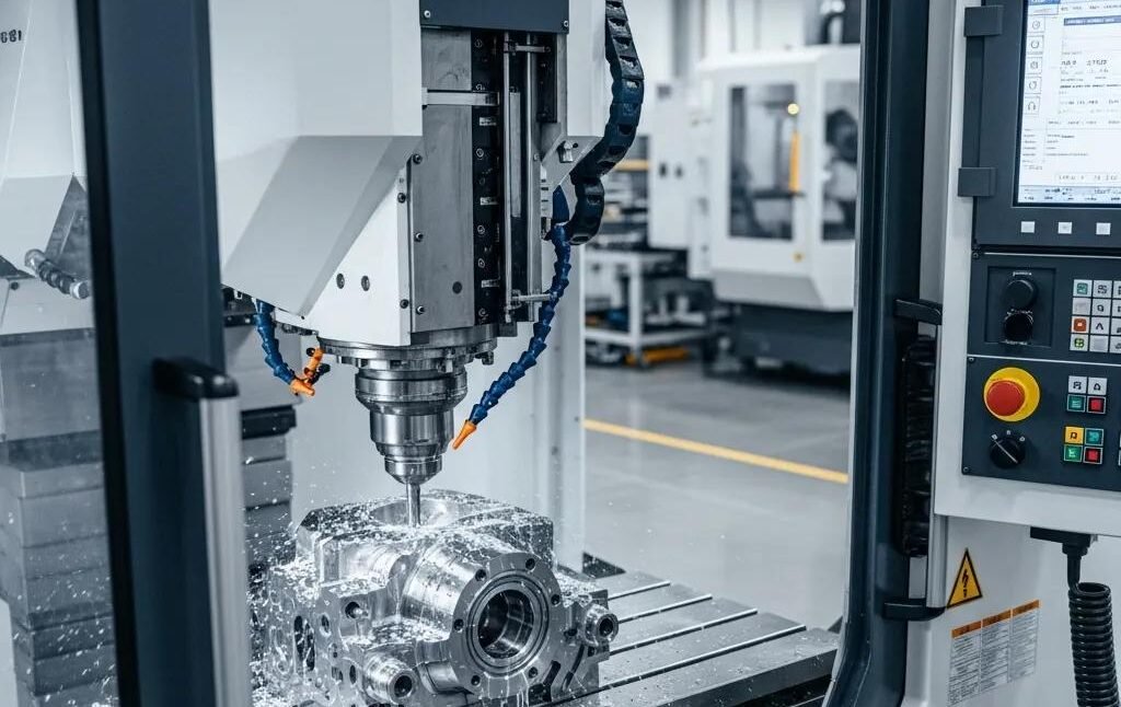 CNC precision milling machine operating on intricate metal components, highlighting advanced manufacturing technology