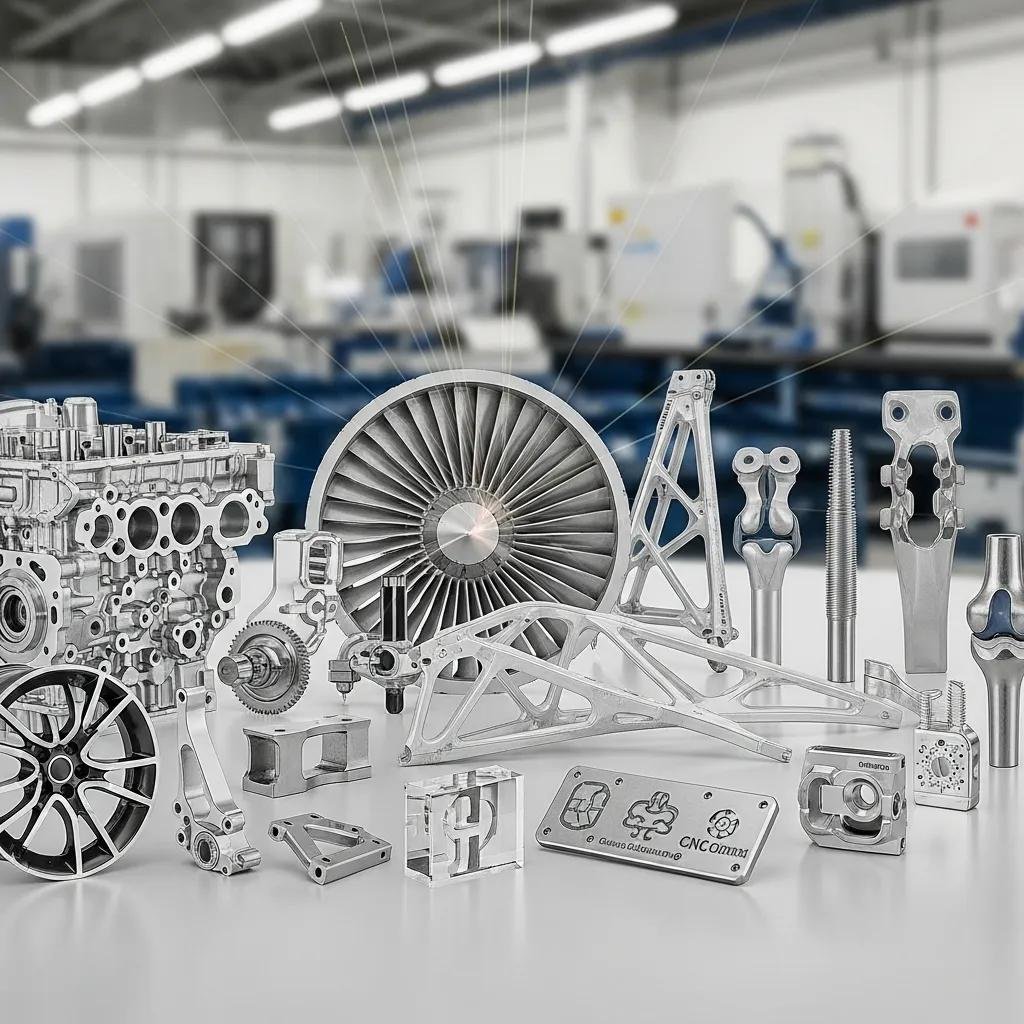 Collage of CNC fabricated components from automotive, aerospace, and medical industries