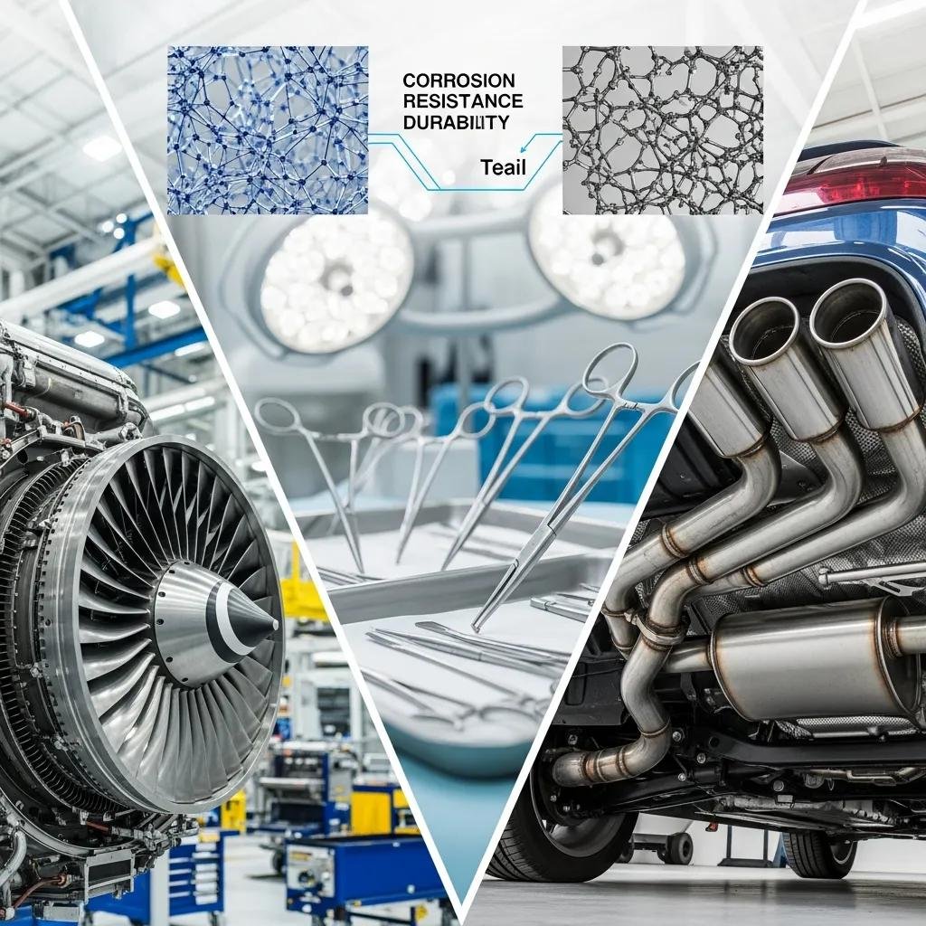 Collage of stainless steel components used in aerospace, medical, and automotive applications