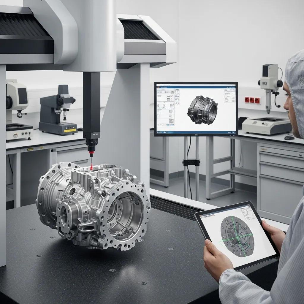 Coordinate Measuring Machine (CMM) inspecting a precision-milled component, highlighting quality control in manufacturing