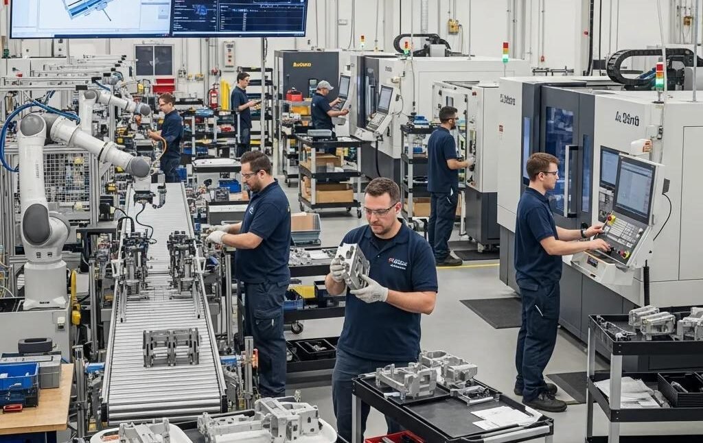 Custom manufacturing facility with advanced machinery and workers engaged in precision processes