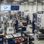 Custom manufacturing facility with advanced machinery and workers engaged in precision processes