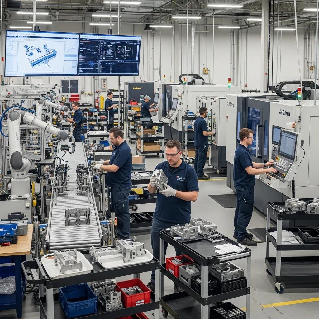 Custom manufacturing facility with advanced machinery and workers engaged in precision processes