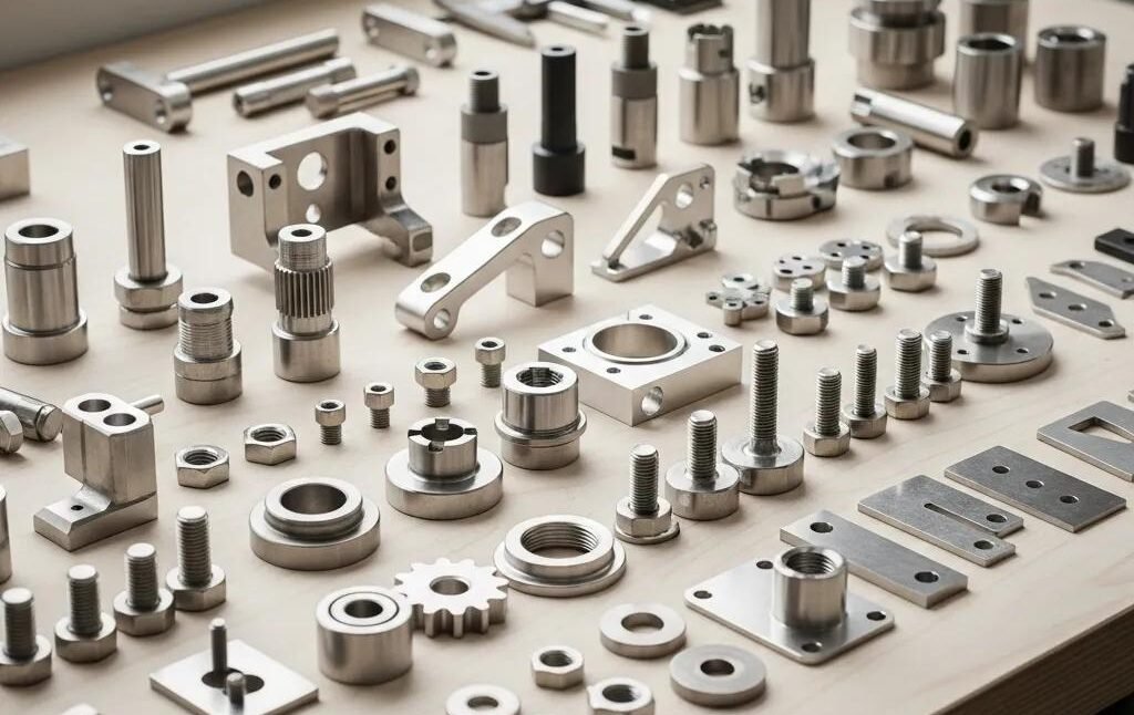Diverse stainless steel parts including fasteners and machined components on a workbench