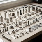 Diverse stainless steel parts including fasteners and machined components on a workbench