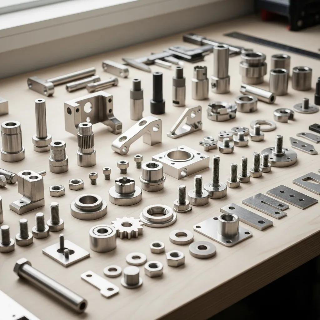 Diverse stainless steel parts including fasteners and machined components on a workbench