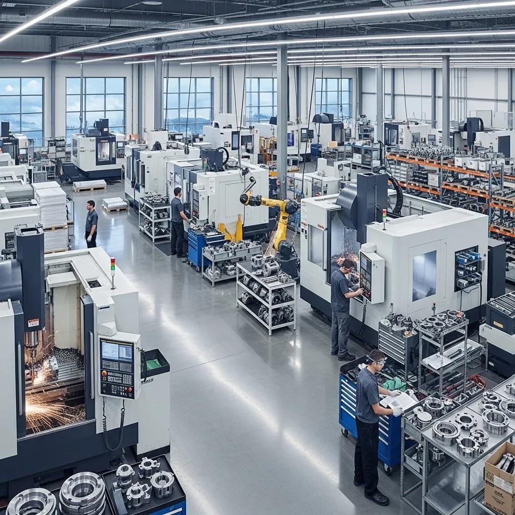 Modern industrial machining facility with multiple CNC machines, illustrating efficiency and scale in metal cutting operations