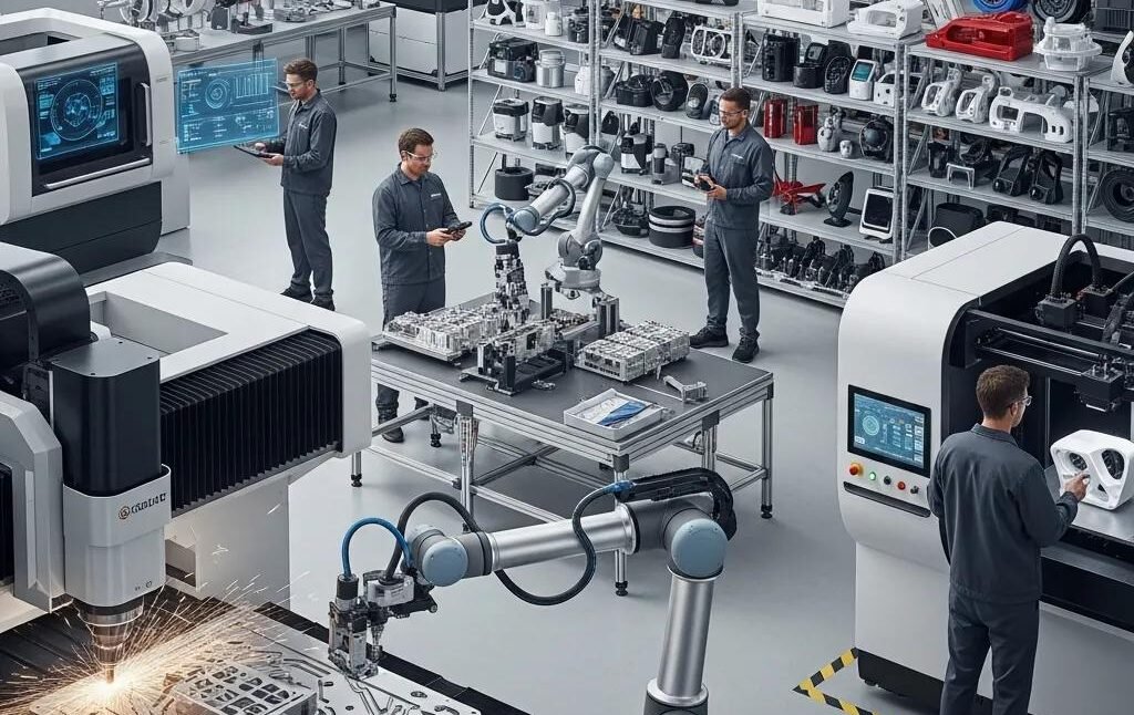 Modern manufacturing facility with advanced machinery and workers creating custom products