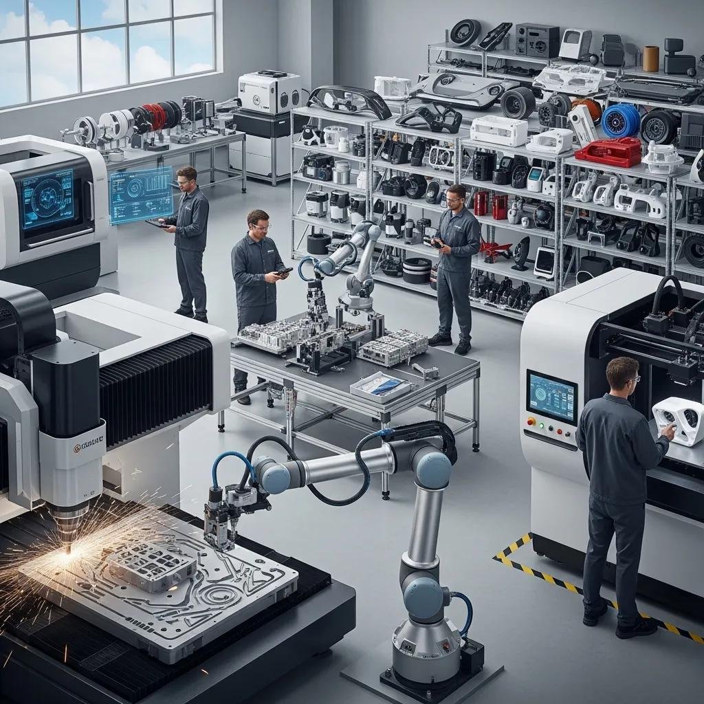 Modern manufacturing facility with advanced machinery and workers creating custom products