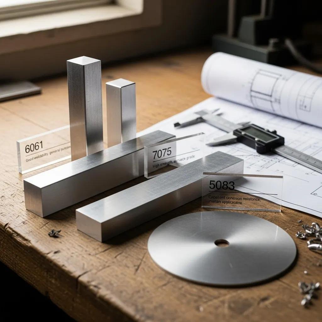 Samples of aluminum alloys 6061, 7075, and 5083 highlighting their properties for CNC machining