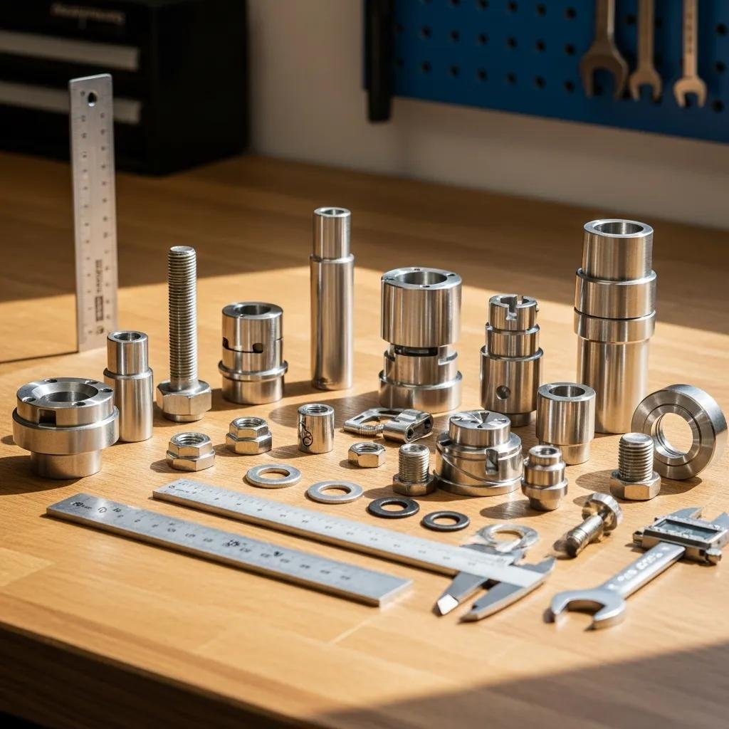 Various stainless steel parts displayed on a workbench, emphasizing durability and craftsmanship