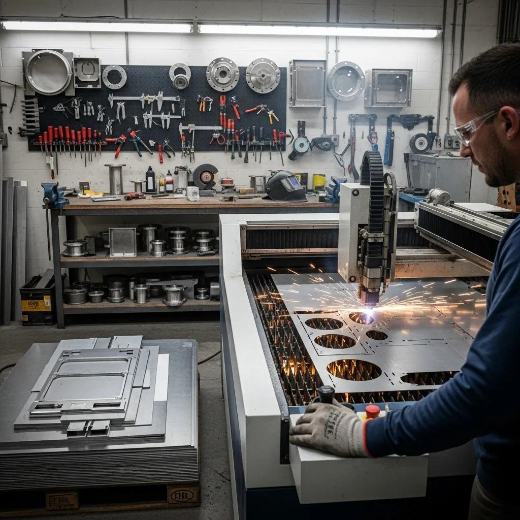 Worker using a laser cutting machine for stainless steel fabrication