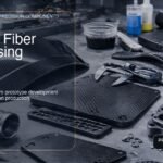 Gambar pilihan untuk artikel pemrosesan serat karbon yang menunjukkan prototipe dan komponen produksi pada meja kerja manufaktur