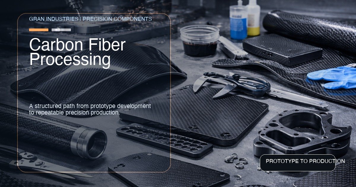 Gambar pilihan untuk artikel pemrosesan serat karbon yang menunjukkan prototipe dan komponen produksi pada meja kerja manufaktur