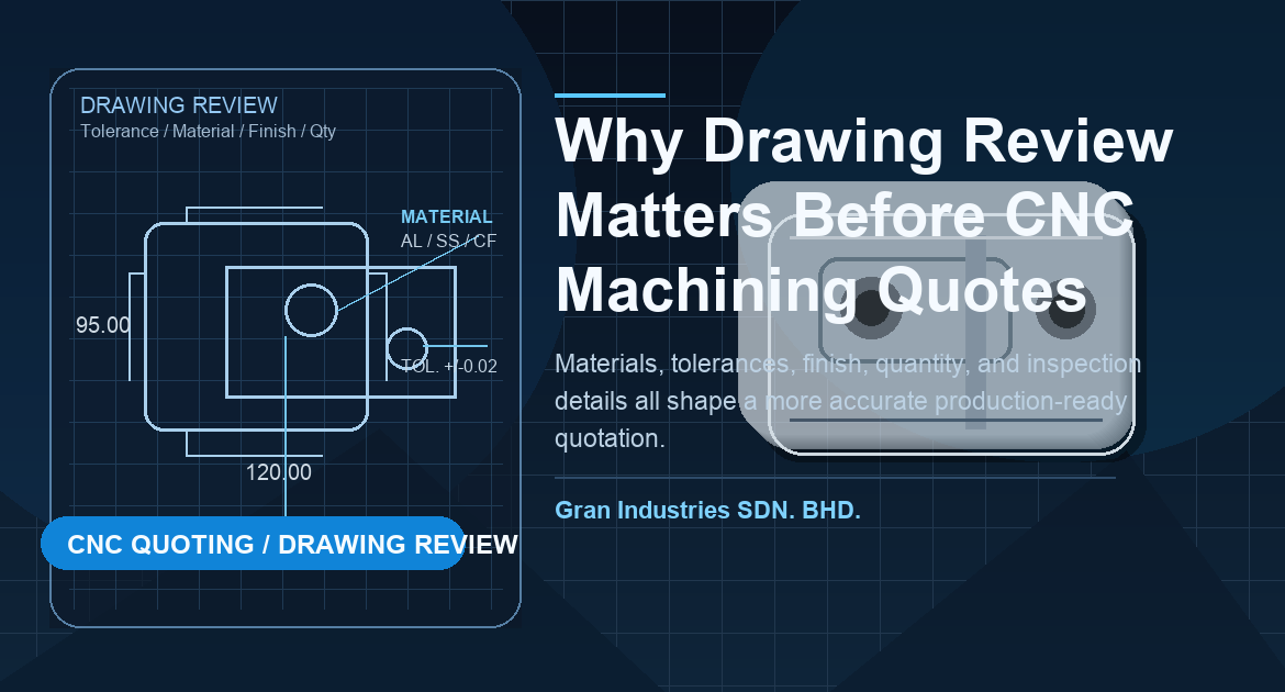 L'image de la revue de dessin montre un panneau de plan et un composant usiné pour la planification de devis CNC.
