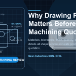 Ulasan gambar menampilkan gambar yang menunjukkan panel cetak biru dan komponen mesin untuk perencanaan kutipan CNC