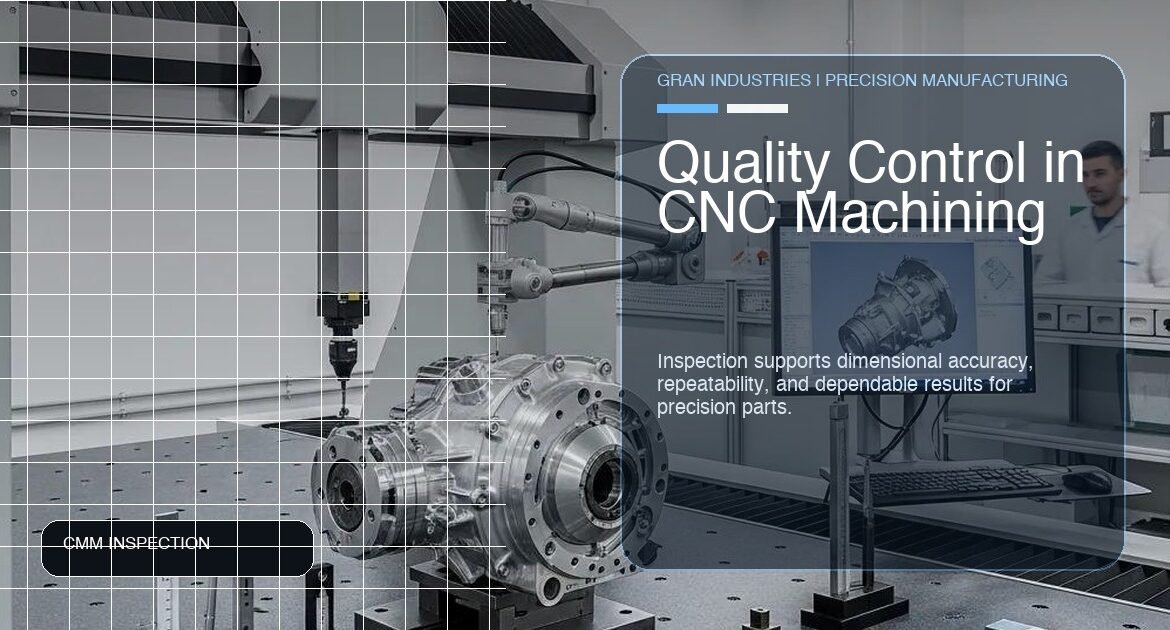 Gambar unggulan untuk kontrol kualitas dalam pemesinan CNC yang menunjukkan pemeriksaan CMM pada bagian presisi