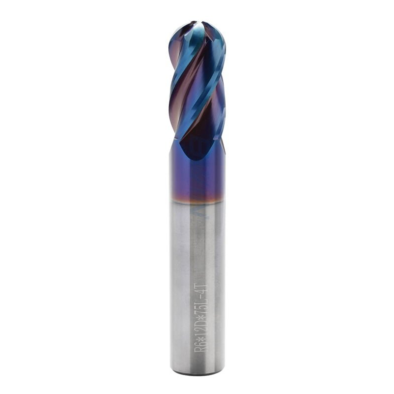 Ball Nose End mill: 12mm Dia, 24mm LOC, 75mm OAL, 4 Flutes, Solid Carbide, Nano Blue Coated