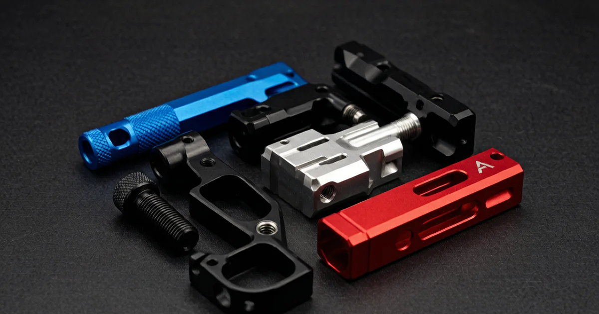 CNC machined anodized aluminum airsoft and rifle accessory parts including magwells triggers and gas blocks