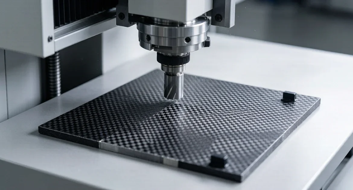 Carbon fiber composite sheet being precision CNC machined with visible weave pattern and clean edges