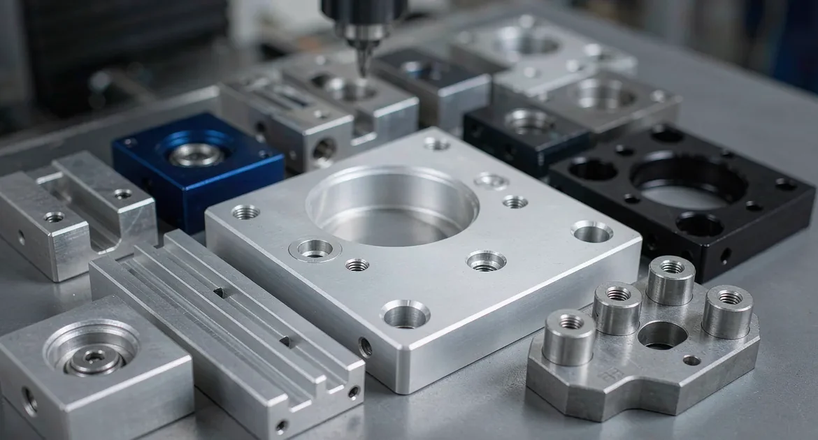 Precision CNC machined aluminum components with anodized silver and black finishes showing milled pockets and drilled holes