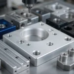 Precision CNC machined aluminum components with anodized silver and black finishes showing milled pockets and drilled holes