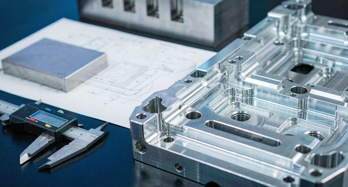 Precision machined aluminum and stainless steel parts on an engineering workbench with blueprint and caliper for CNC machining services supplier evaluation