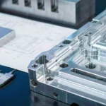 Precision machined aluminum and stainless steel parts on an engineering workbench with blueprint and caliper for CNC machining services supplier evaluation
