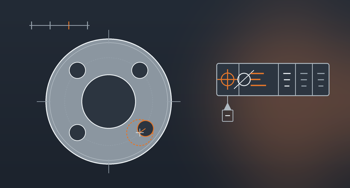 Bolt circle flange with one hole off true position inside its tolerance zone, beside a GD&T feature control frame — Gran Industries