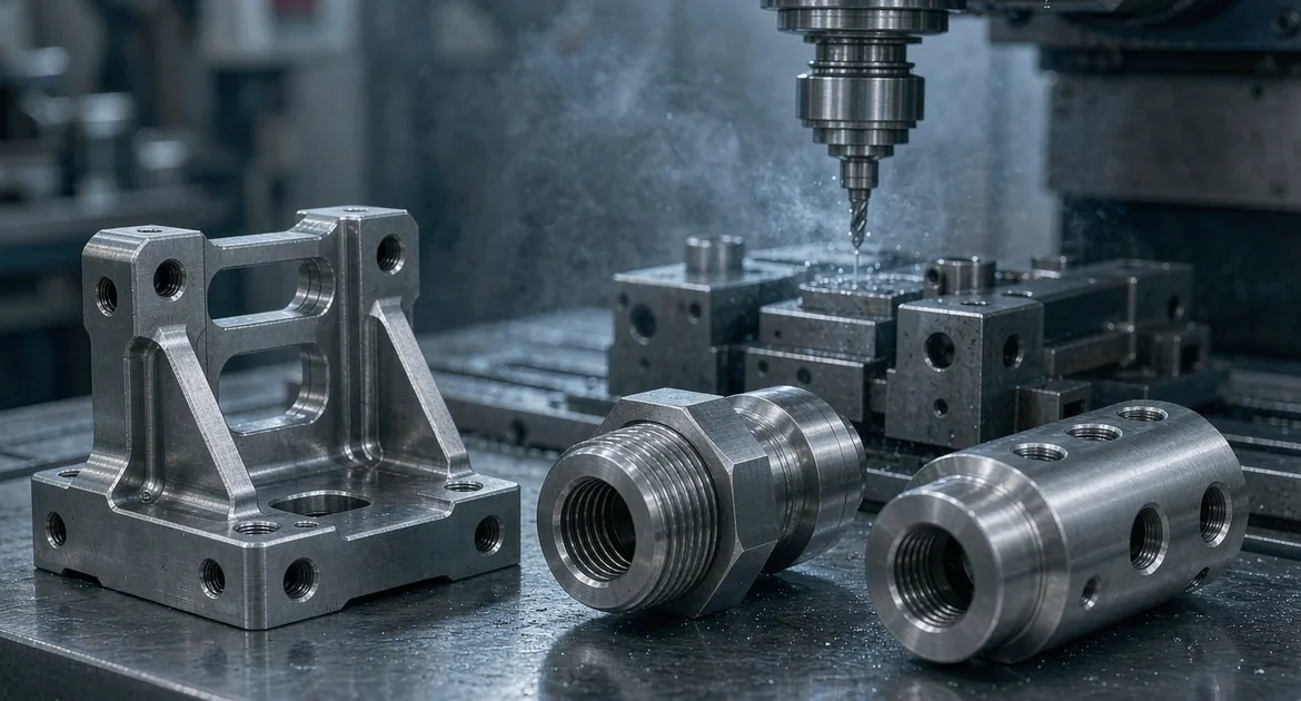 Componenti in titanio lavorati con precisione a CNC con finitura metallica grigio opaco che mostrano staffa aerospaziale, raccordo filettato e parte per impianto medico